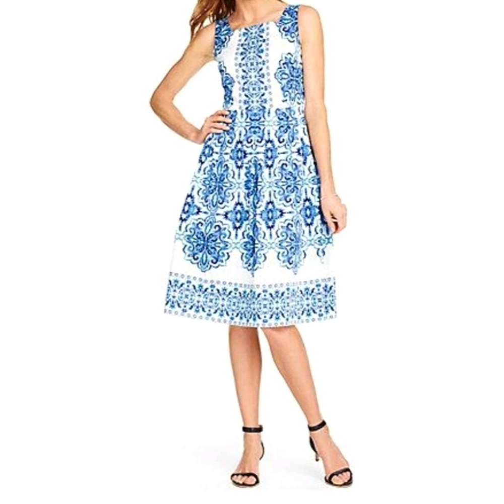 Talbots Mediterranean Floral Sleeveless Lined Dress Pockets Cotton Stretch